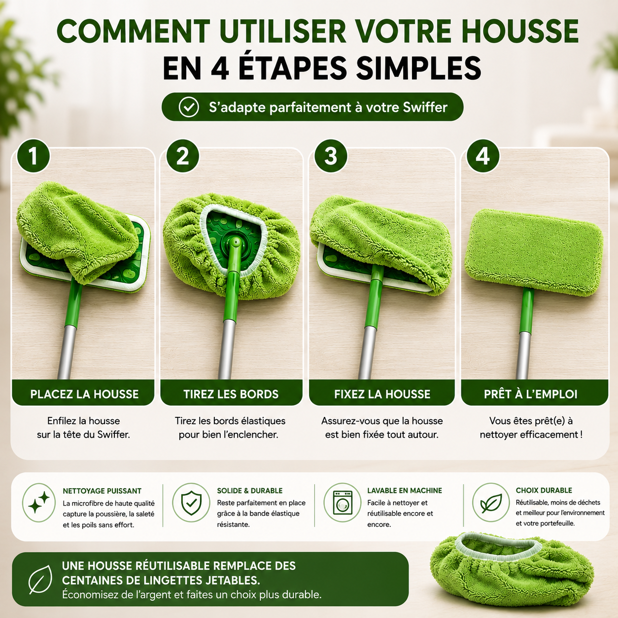 Namado GreenSweep™ - Chiffon réutilisable pour Swiffer (avec microfibres longues)