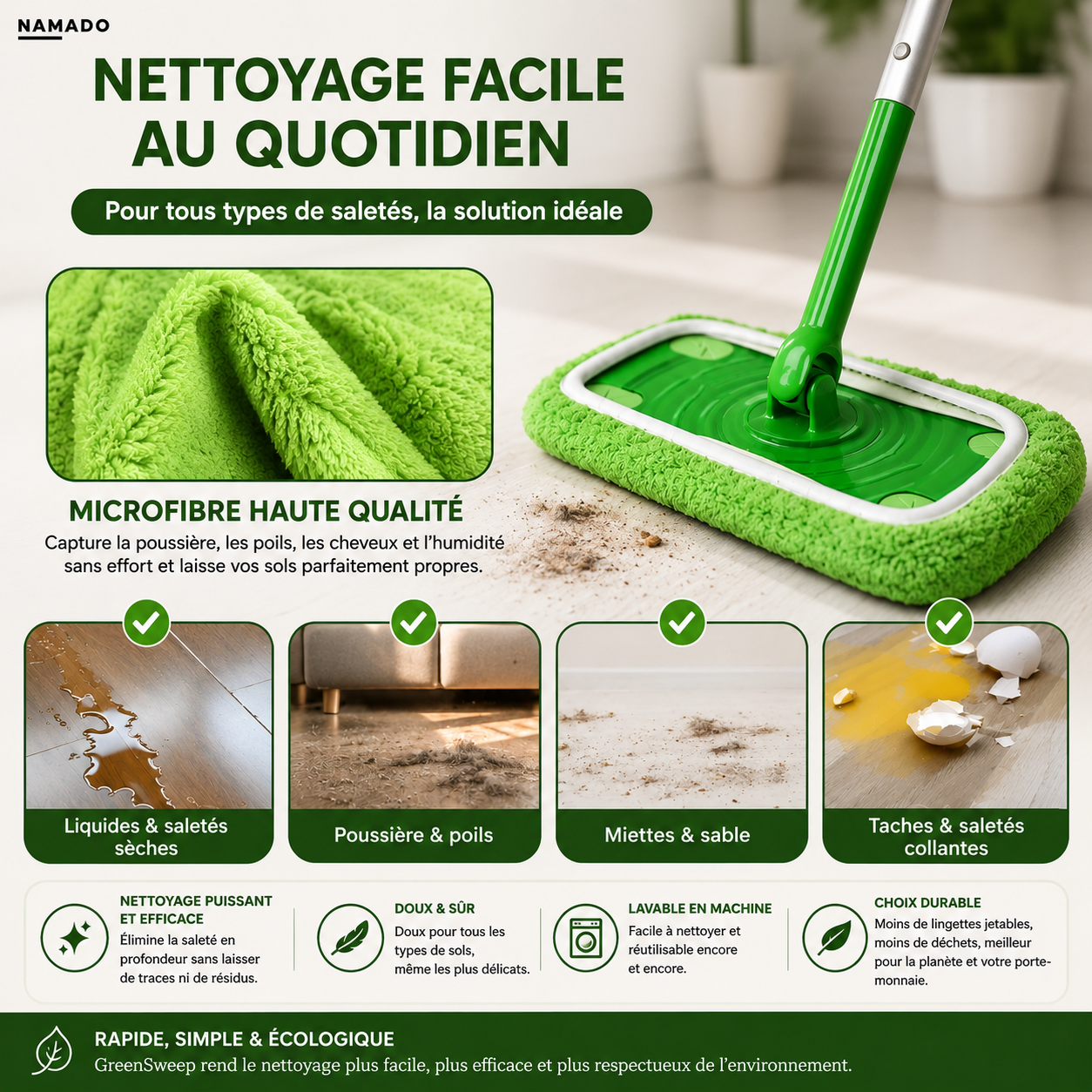 Namado GreenSweep™ - Plus besoin d’acheter des lingettes jetables pour Swiffer